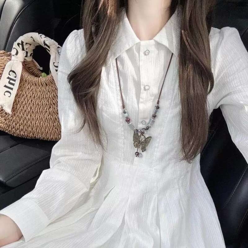 Academy-style white long-sleeved dress for women, new autumn and winter collection, waist-cinching, elegant, suitable for commuting, gentle mid-length dress