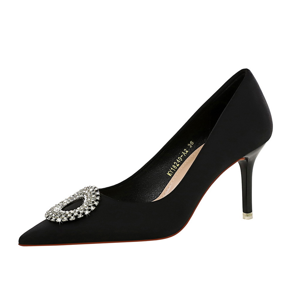 18249-AK62 European And American Fashion Shallow High Heels Rhinestone Round Buckle Single Pointed Toe Stiletto Sexy_vogvips.com