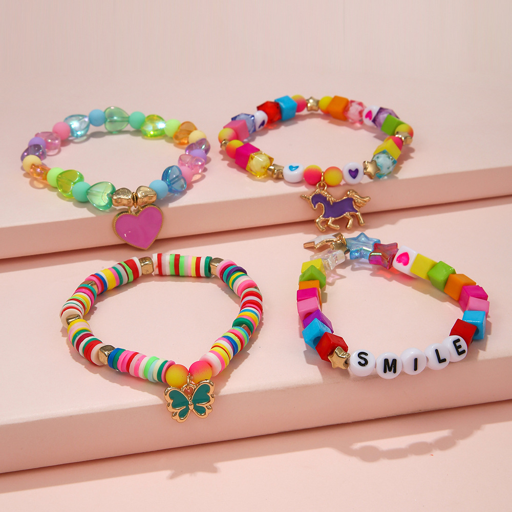 Sweet Heart Shape Unicorn Butterfly Arylic Alloy soft clay Handmade Kidu0027S Bracelets 1 Set