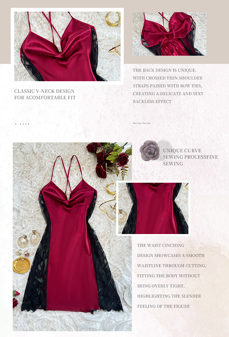 Camisón de encaje para mujer espalda descubierta vestido ajuste_voghion.com