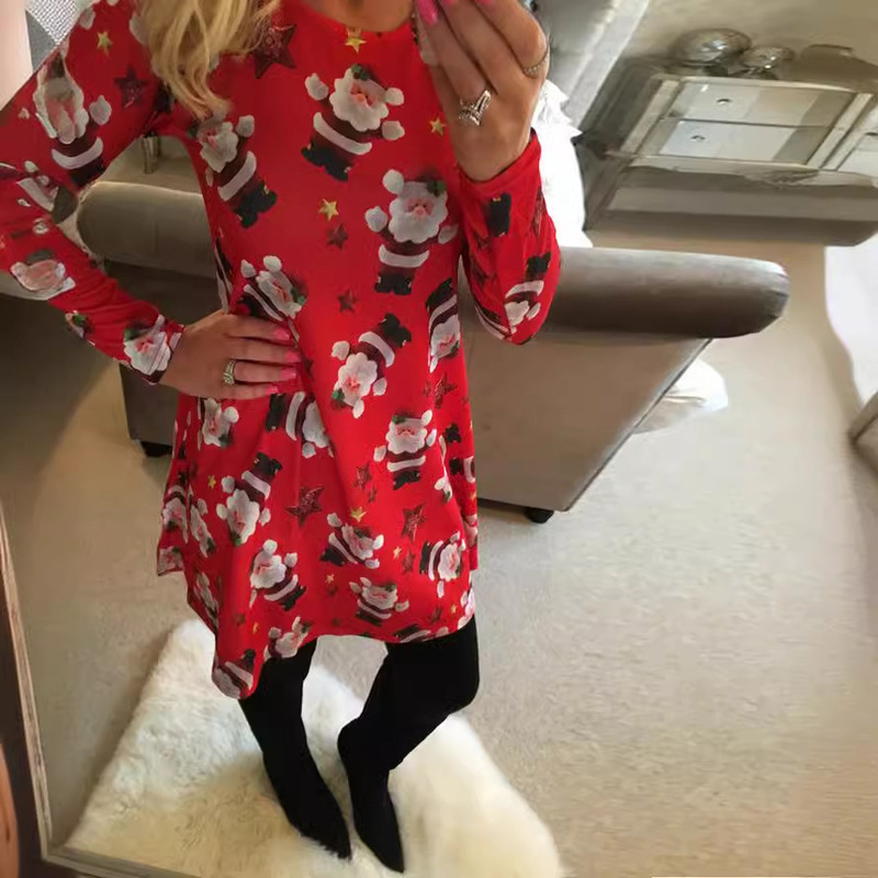2023 Amazon AliExpress wish Autumn and Winter Explosions Printed Christmas Long Sleeve dress Cartoon Fun A- line Skirt