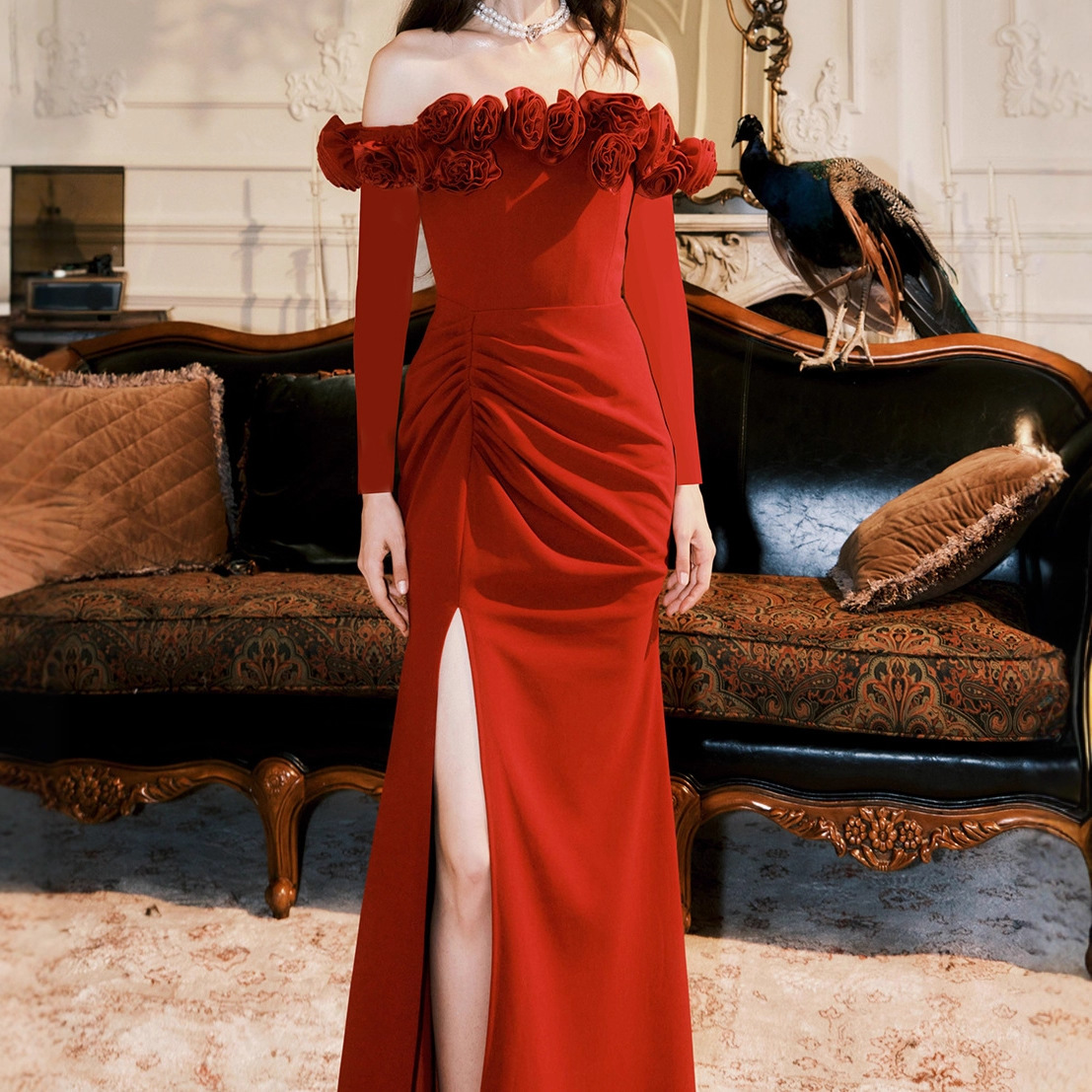 Vintage Heavy Craft Three-Dimensional Rose Dress Light Luxury Red Engagement Toast Dress Mermaid Long Sleeve Gown 2137