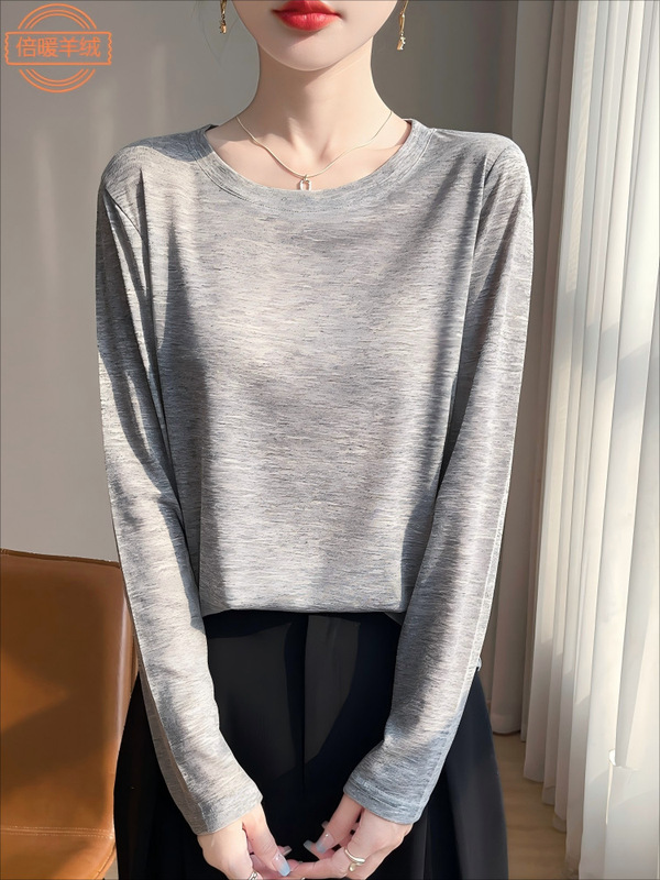 ラウンドネックテンセルコットンTシャツレディース長袖ゆったり微透けトップス新作スリムベーシックインナーニットボトムシャツ|undefined