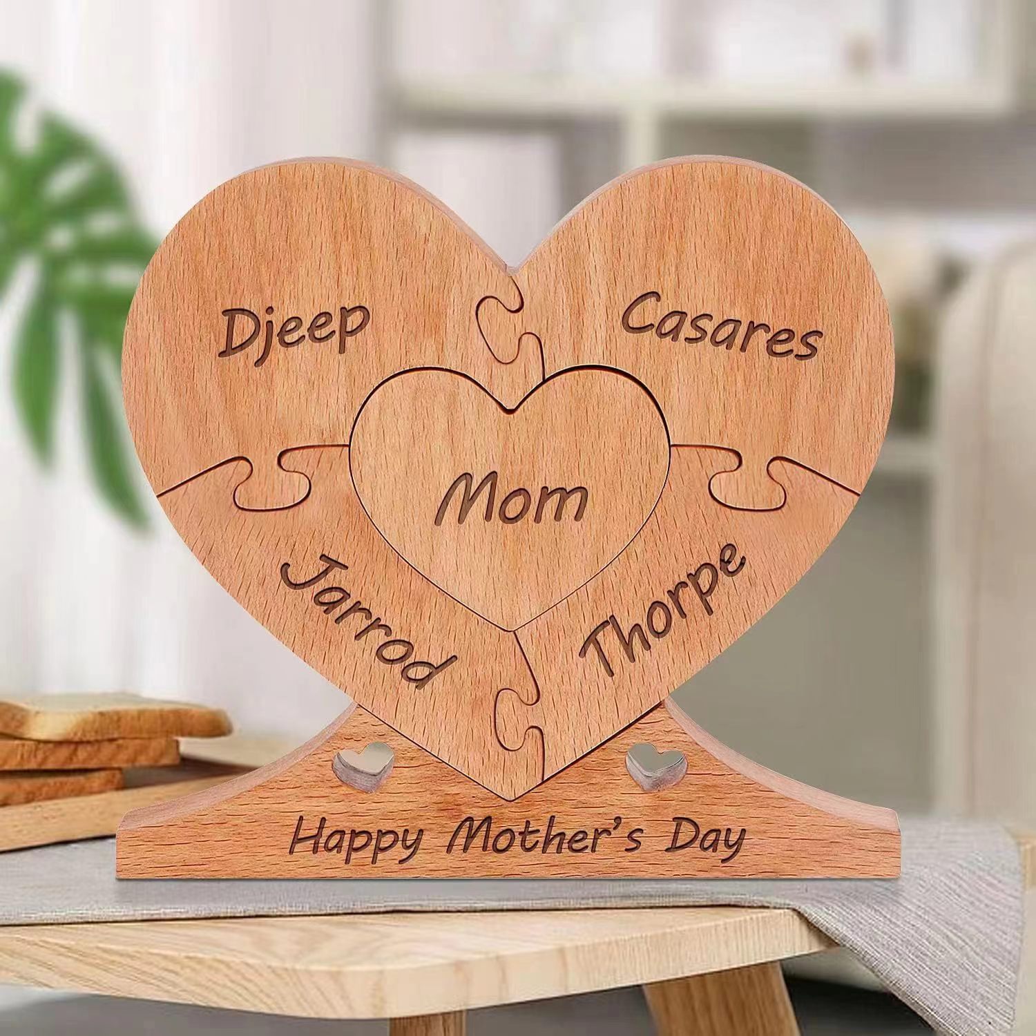 跨境新品母亲节木质心形拼图摆件家居装饰桌面实木摆件个性化礼物