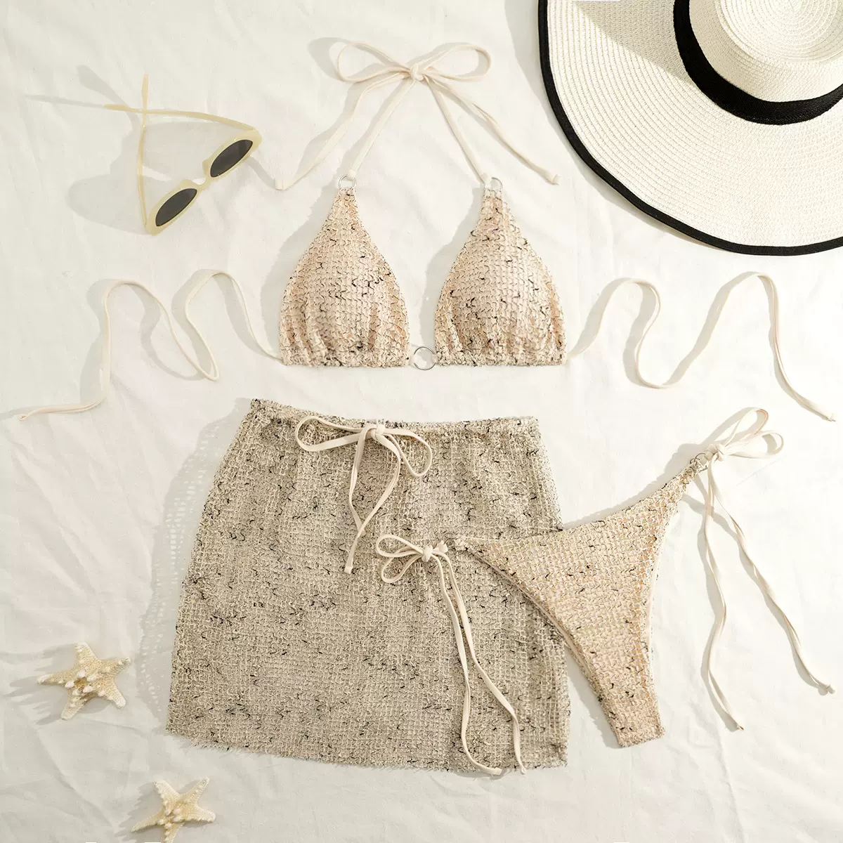 三件套爆款欧美漏背2025性感比基尼沙滩泳衣绑带新款网纱海边跨境