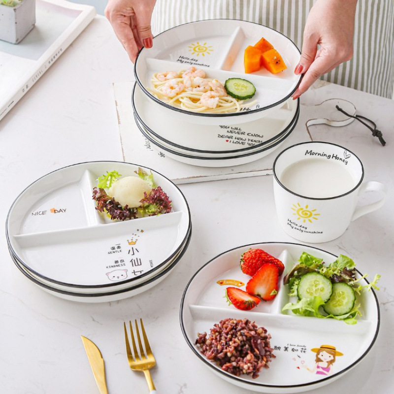 Compartmented Fat-Reducing Dinner Plate, Household Breakfast Tableware, Children's Ceramic Quantitative Plate, Three-Compartment Dinner Plate