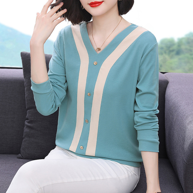 Color-Blocked Pure Cotton Long-Sleeve T-Shirt for Women, Autumn Loose Fit, Flattering Top for Moms, Base Shirt, Wholesale Export Color-Blocked Pure Cotton Long-Sleeve T-Shirt for Women, Autumn Loose Fit, Flattering Top for Moms, Base Shirt, Wholesale Export