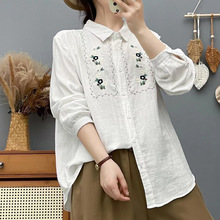 双层棉纱长袖衬衫女森系文艺花朵刺绣柔软亲肤棉质宽松打底上衣秋