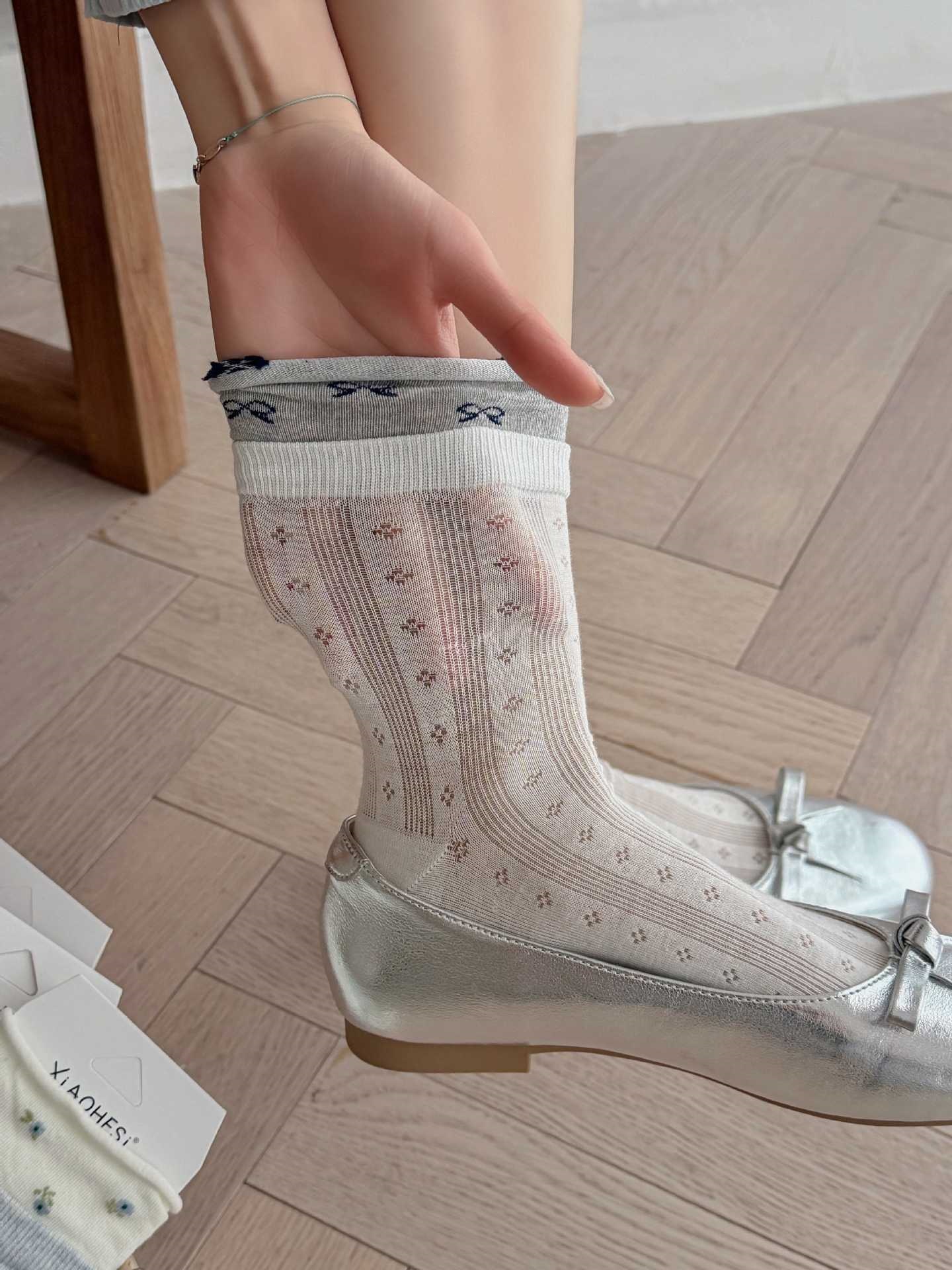 Whimsical Cottagecore Pointelle Cotton Fold-Over Cuff Crew Socks For Sweet Daily Wear Detail View 2