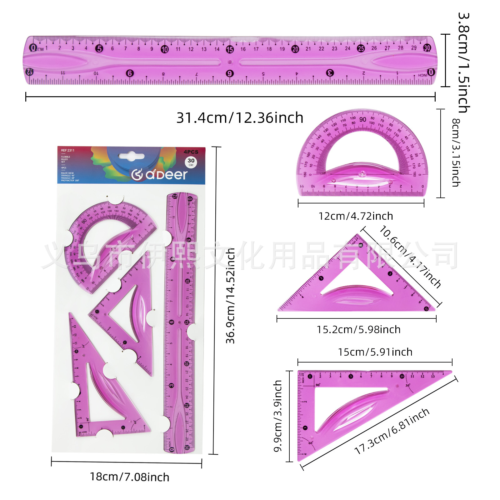 Transfronterizo Amazon color brillante regla suave 20 / 30cm 4 conjunto de reglas triangulares reglas rectas