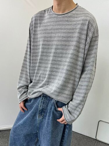 Autumn and Spring Thin American Retro Fringe Crew Neck Striped Long Sleeve T-Shirt for Men Casual Loose Base Shirt Top Trendy