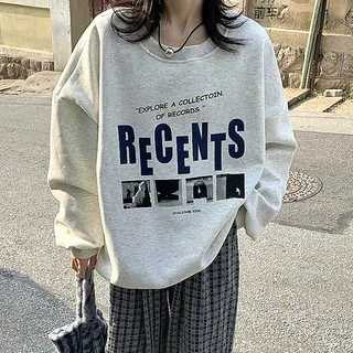 加绒宽松休闲卫衣女秋冬外套古着圆领长袖薄款上衣外贸韩国女装