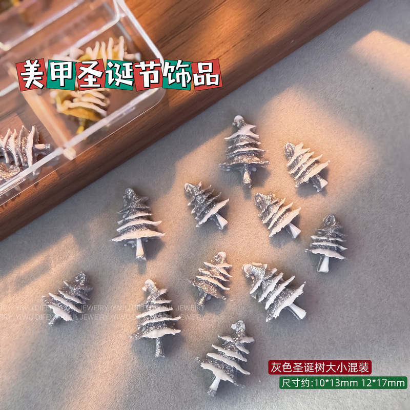 跨境圣诞美甲饰品6格盒装圣诞树透明雪花树脂穿戴甲材料包钻套装|undefined