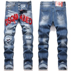 スポット供給 D2 外国貿易ブランドヨーロッパとアメリカのハイストリートスリムフィットストレッチリップドパッチ刺繍メンズスキニージーンズ