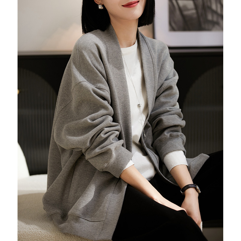American Bf Style Lazy Sweatshirt Jacket V-Neck Fashionable Knitted Cardigan 2026 Spring and Autumn New Women's Clothing Black Gray
