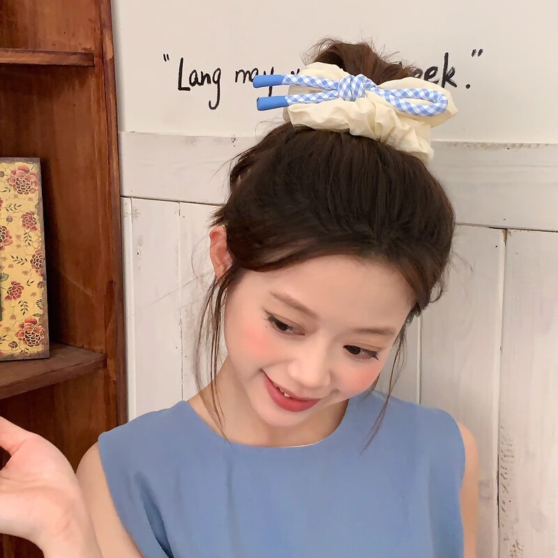 女子大生！ピンクとブルーのチェック柄の結び目リボン、おなかの輪、ヘアロープ、ふわふわ雲のヘアゴム、ヘッドバンド、ボールヘアゴム|undefined