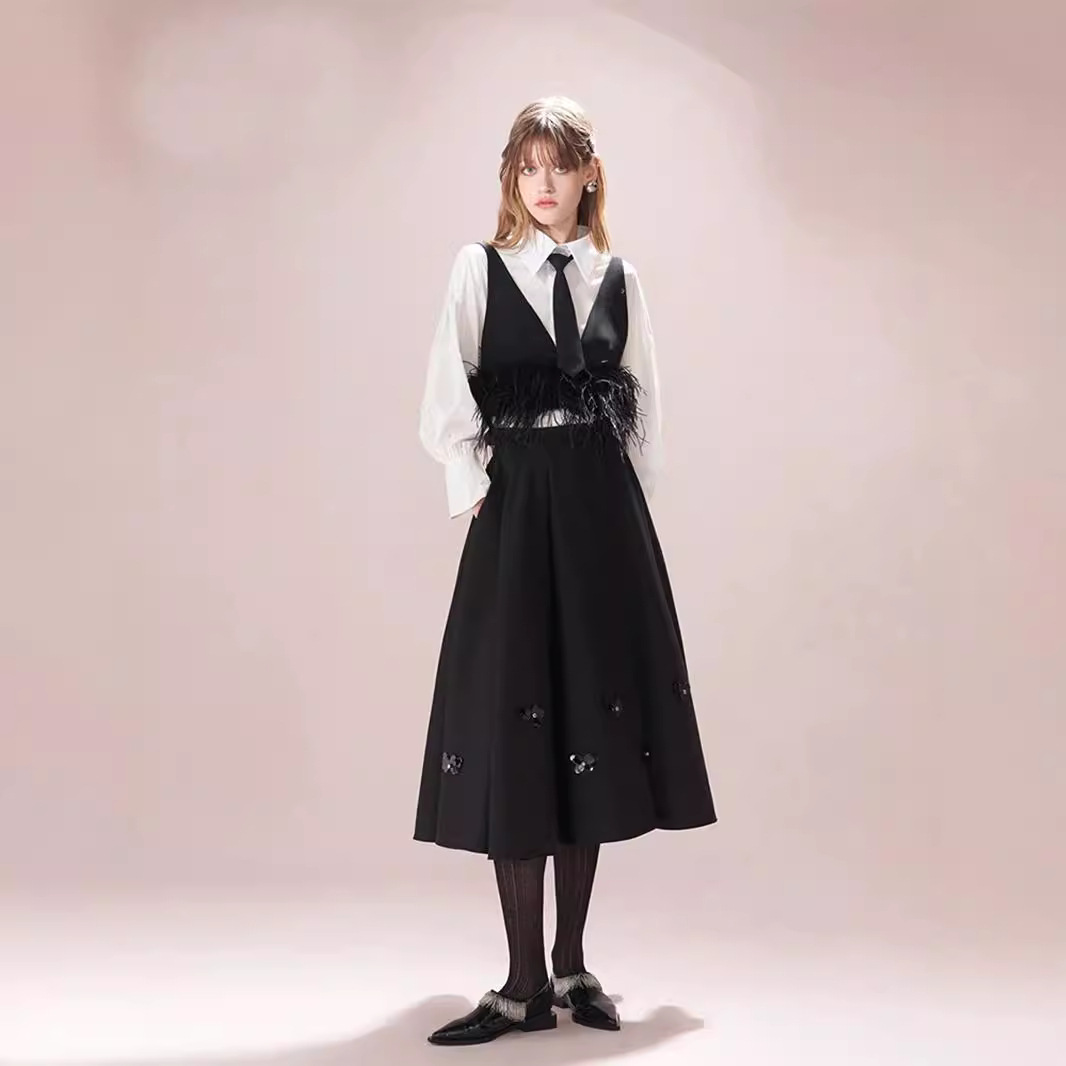 【AIVEI同款】黑色亮片半身裙蝴蝶手工钉珠黑色蓬蓬裙A字伞裙高级