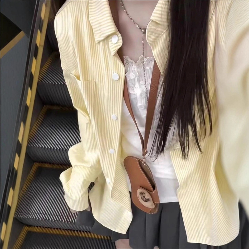 Spring and Autumn New Striped Shirt Jacket for Petite Women, Niche Base Shirt, French Long-Sleeve Top, Sun Protection