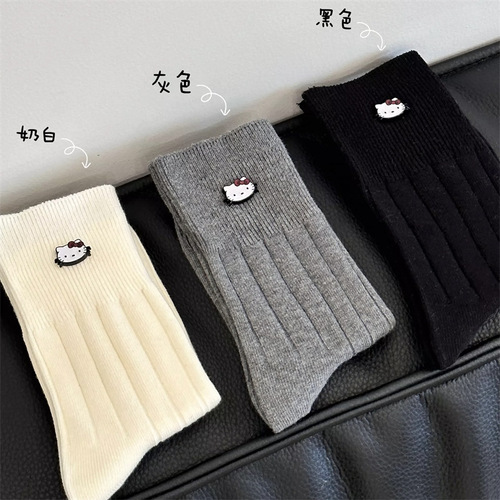 Autumn and winter double-needle cartoon KT cat cute pendant socks women's middle tube socks ins trendy all-matching outerwear solid color pile socks