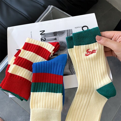 Autumn and winter new socks for women combed cotton embroidered striped double-needle personality niche trendy socks red and blue color matching mid-tube socks