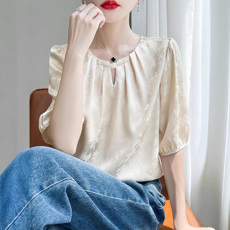 Summer Mulberry Silk Satin Jacquard Round Neck Short-Sleeved T-Shirt Women's Loose Versatile Top New Chinoiserie National Style Silk Top