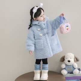 女小童加绒外套秋冬款时尚女宝宝加厚洋气冬装小女孩羊羔毛呢时尚