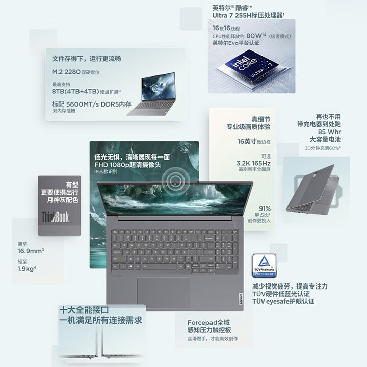 联想ThinkBook16+ UItra7-255H 32G 1TB 轻薄办公学生笔记本电脑