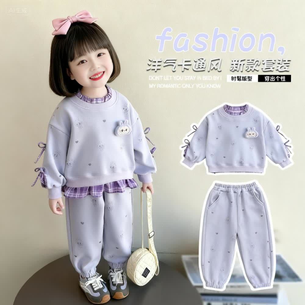 Girls' Outfit 2025 Spring and Autumn New Style Little Girl's Two-Piece Set with Faux Two-Piece Top and Casual Sweatpants, Cute Two-Piece Set