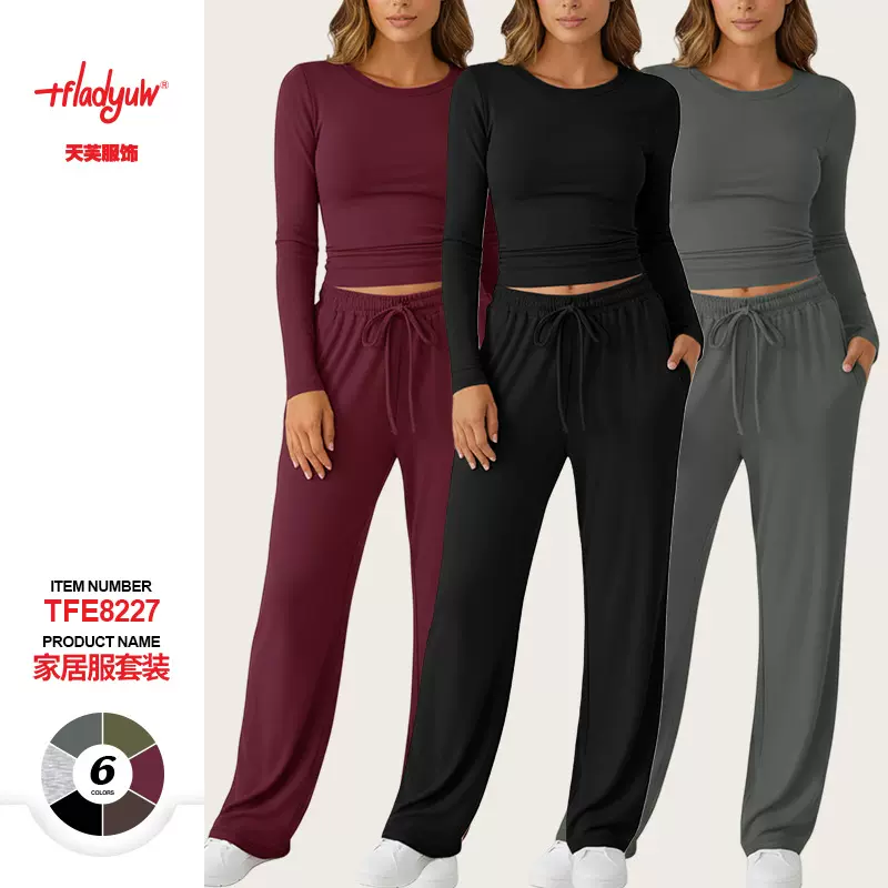 K26ST8227亚马逊欧美跨境时尚休闲运动秋冬纯色抽绳长袖套装女