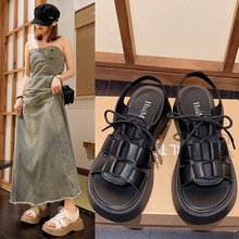 外穿罗马编织带凉鞋女2024夏季新款英伦风罗马鞋学生休闲厚底凉鞋