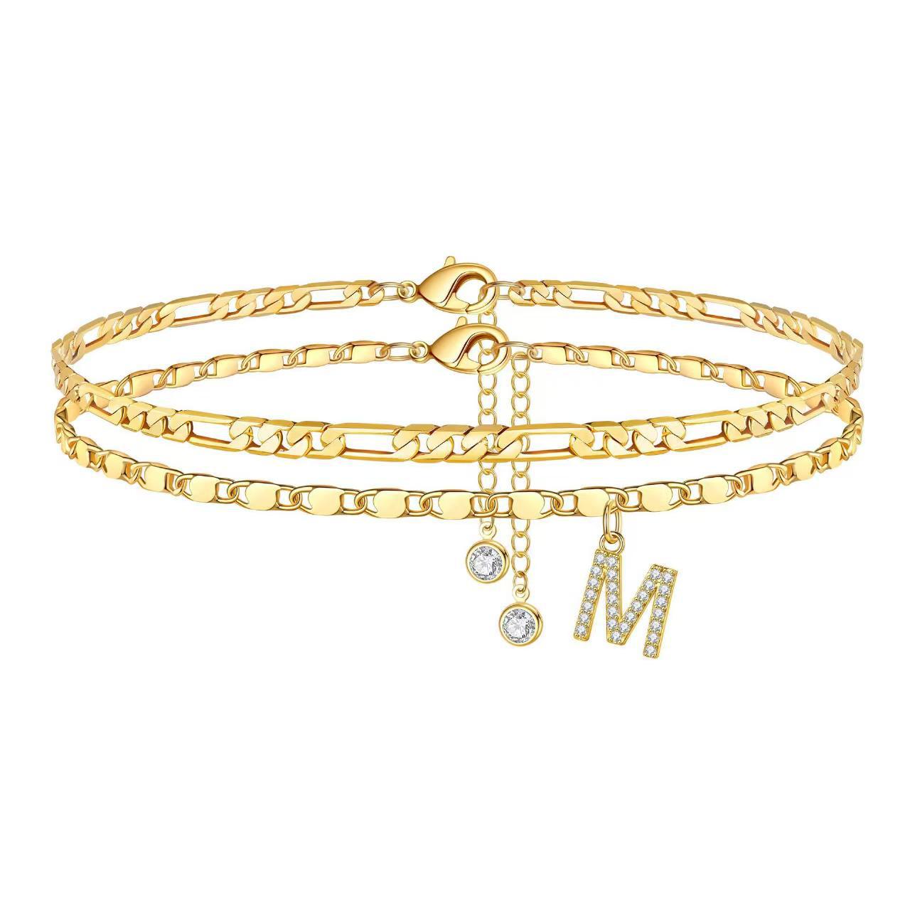 14k Gold Plated Layered Figaro Chain Anklet Set With Cz Initials_voghion.com