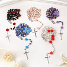 跨境合金6MM玻璃珠子十字架长款念珠项链玫瑰花电镀洗礼礼物