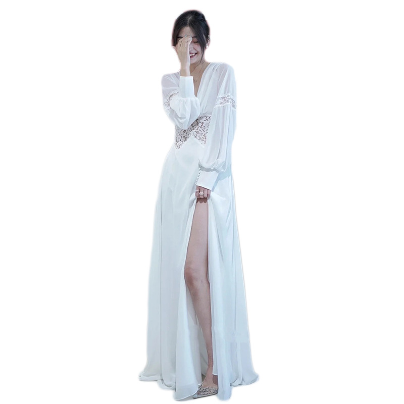 Elegant French Bridal Gown With Open Back, Graceful Chapel Train And Long Sleeves For Wedding Ceremony_ecoleips.com