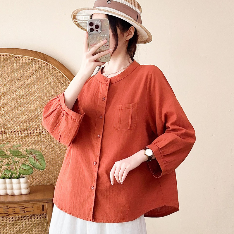 2026 Autumn New Double Layer Gauze Shirt for Women, Artistic Retro Solid Color Round Neck Long Sleeve Cardigan, Loose Versatile Shirt 2026 Autumn New Double Layer Gauze Shirt for Women, Artistic Retro Solid Color Round Neck Long Sleeve Cardigan, Loose Versatile Shirt