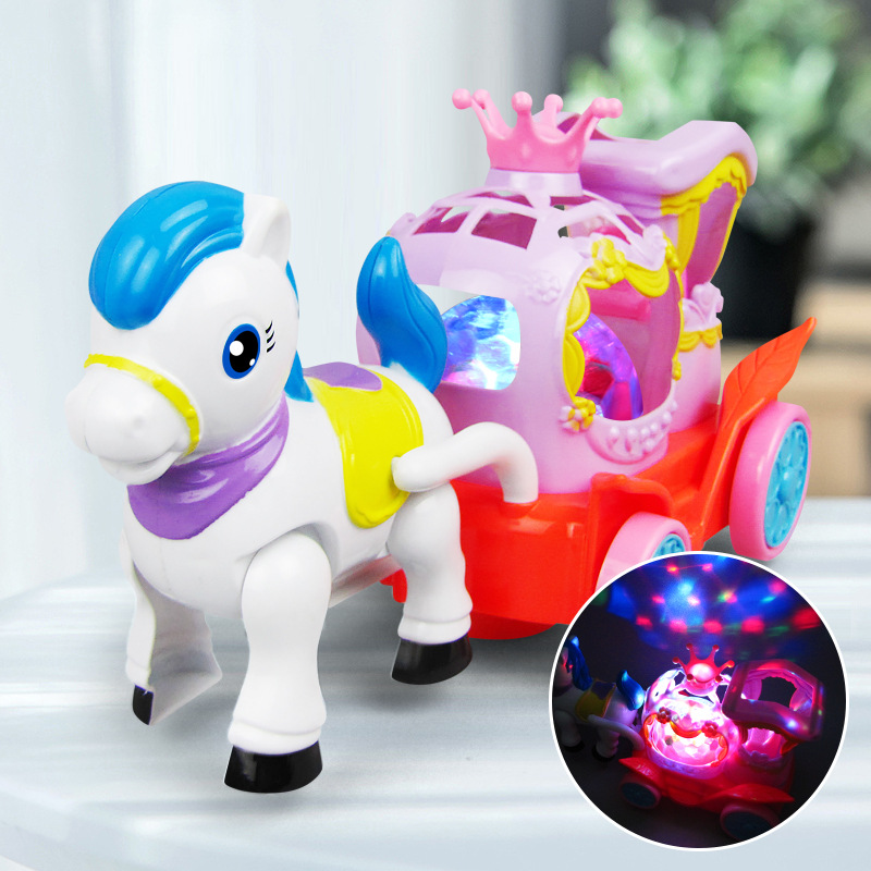 Juguetes de dibujos animados eléctricos universales animales de pony remolque luces musicales coloridos niños padres juguetes puestos de venta caliente