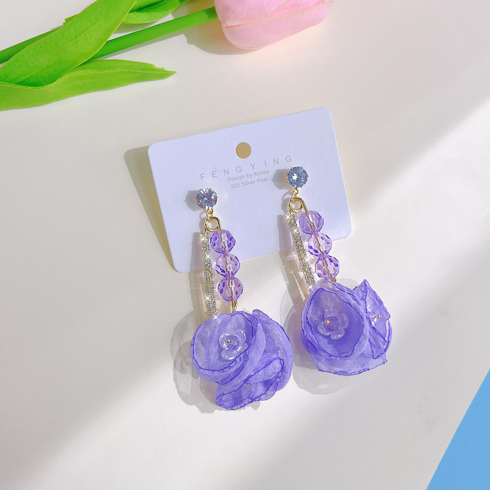 1 Pair Sweet Flower Fish Tail Glass Metal Rhinestone Womenu0027S Chandelier Earrings