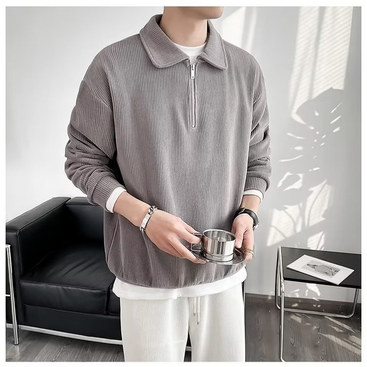 Otoño nuevo estilo semi-cremallera polo para hombre retro suelto diseño casual sentido de nicho top suéter de color sólido