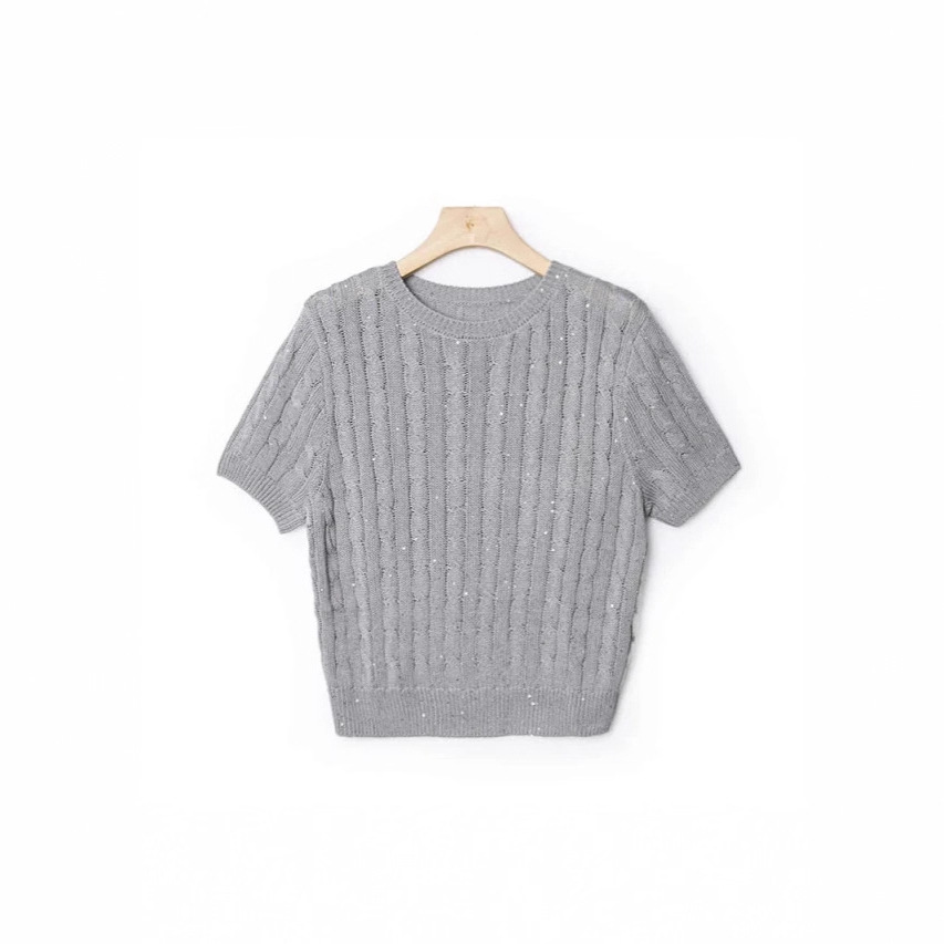 Bc Natural Linen Blend Fashionable Old Money Round Neck Sequin Round Neck Cable Knit Top