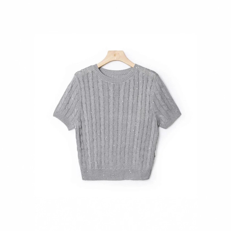 Bc Natural Linen Blend Fashionable Old Money Round Neck Sequin Round Neck Cable Knit Top