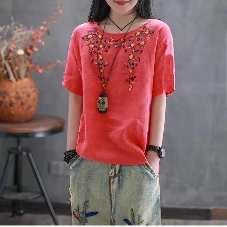 Cotton ethnic summer shirt with a round collar