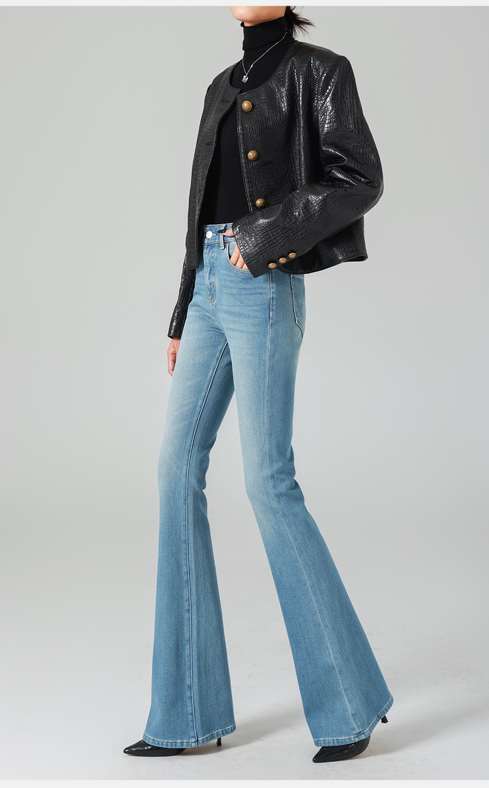 Retro High Waist Micro-horn Jeans Women's Jeans Versatile Four-season Color Four-sided Elastic Tight Body Hip Lift_ecoleips.com