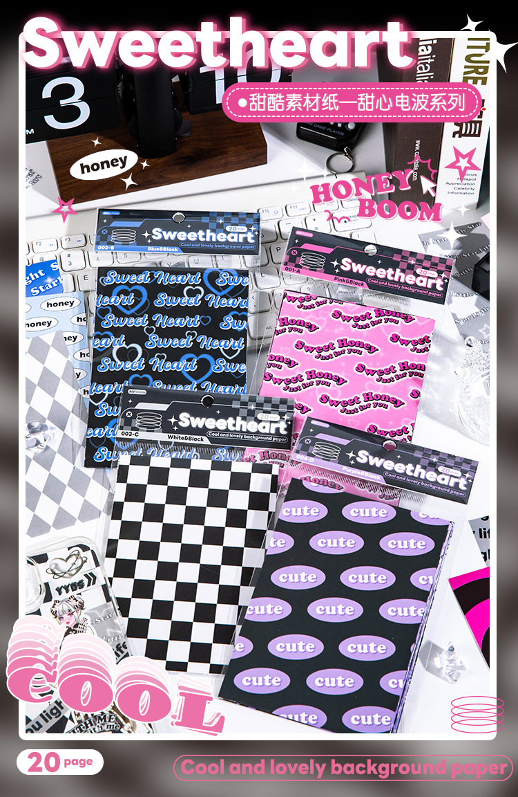 甜酷少女y2k美式甜心电波无粘性素材纸英文格纹手帐装饰打底背景详情1