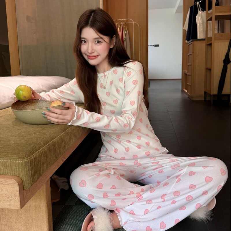 Nuonuo SKIMS women's spring and autumn pure cotton hollow-out jacquard cotton round-neck long-sleeve long-pants pajama set
