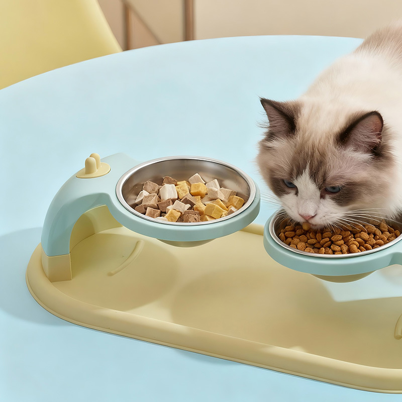 Nuevo tazón para gatos, tazón para perros, tazón para mascotas de acero inoxidable, doble tazón para cuello suspendido, tazón elevado, tazón antideslizante, anti-derribado, tazón para mascotas al por mayor
