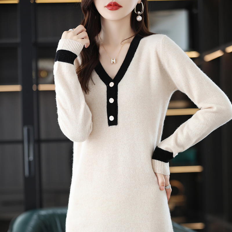 Hong Kong Style Color Matching Button V-Neck Long-Sleeved Slim-Fit Sweater Hip Skirt Wool Skirt Knitted Skirt Base Dress Women's Fashion