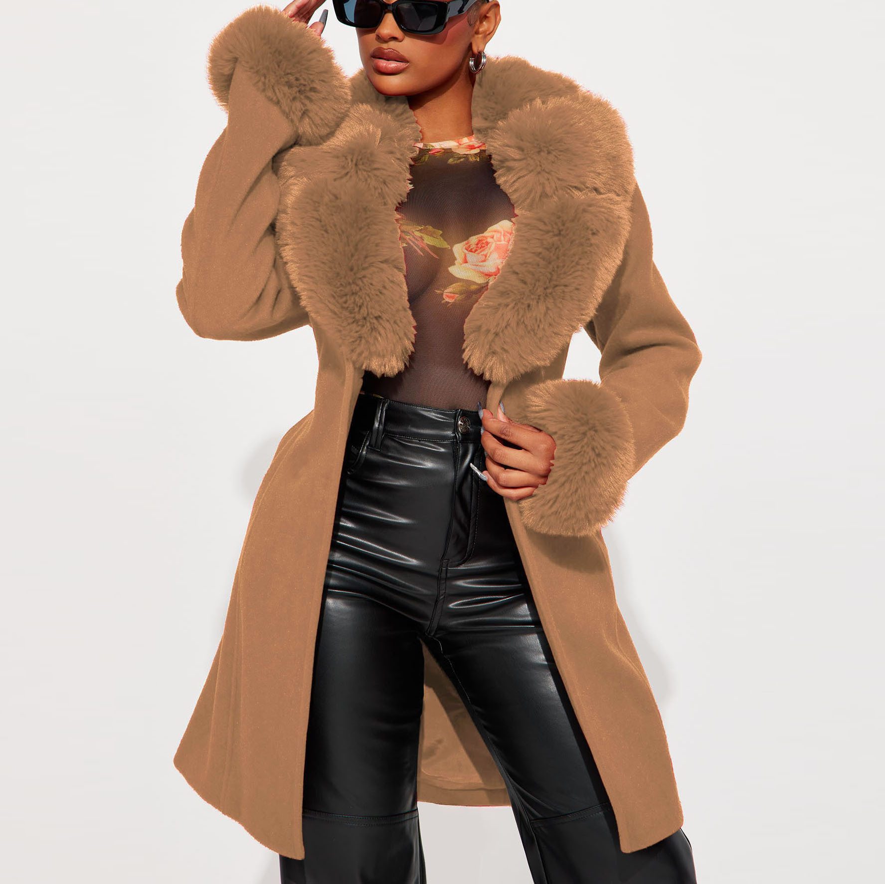 亚马逊爆款仿呢子大衣女式毛领中长款收腰外套Faux Fur Coat3666