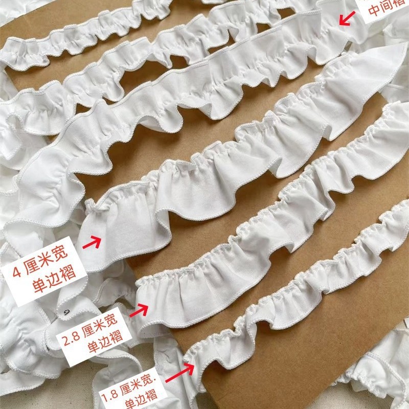 小さめサイズの白い綿縁飾り付きレトロな服の裾、ロリータ風綿生地の白いホームウェア、花飾りの付属品