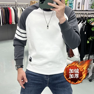 2026春秋新款卫衣男装织带拼接色潮流加绒加厚圆领休闲秋冬打底衫