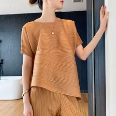 Direct Manufacturer Supply 2024 Summer High-End Pleated Asymmetrical Large Size Loose Chanel Style Short-Sleeve Blouse