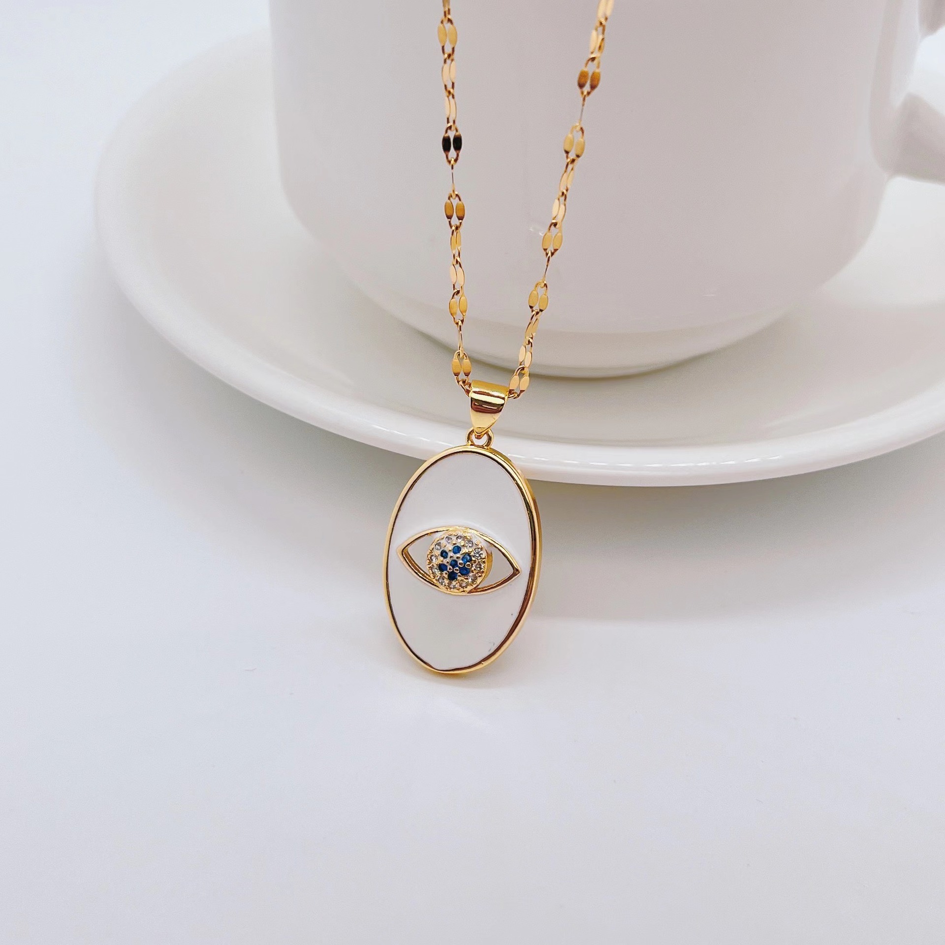 Vacation Devilu0027S Eye Heart Shape Titanium Steel Necklace Inlay Artificial Pearls Zircon Stainles